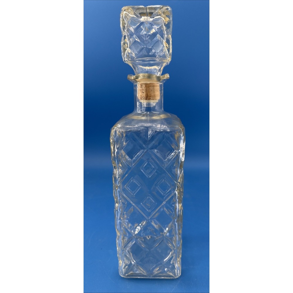 Vintage Clear Pressed Glass Liquor Decanter Geometric Cut Design Stopper 11"